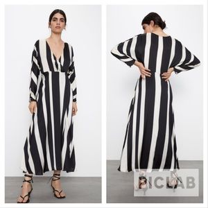 Zara black/ sand satin effect striped dress